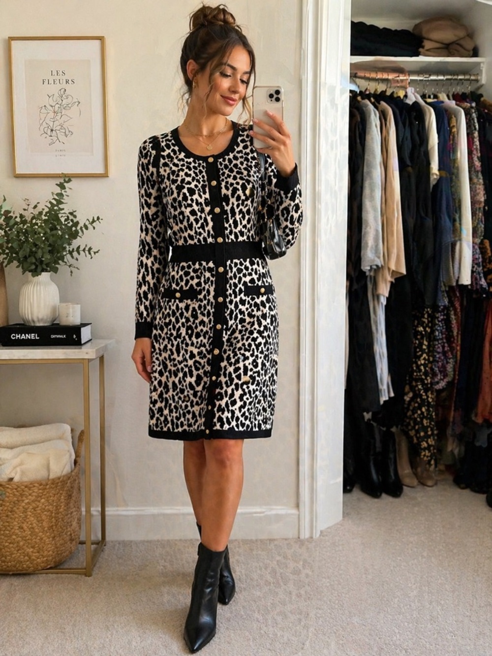 Leopard Print Knit Button-Front Dress in Black & Cream - Size M